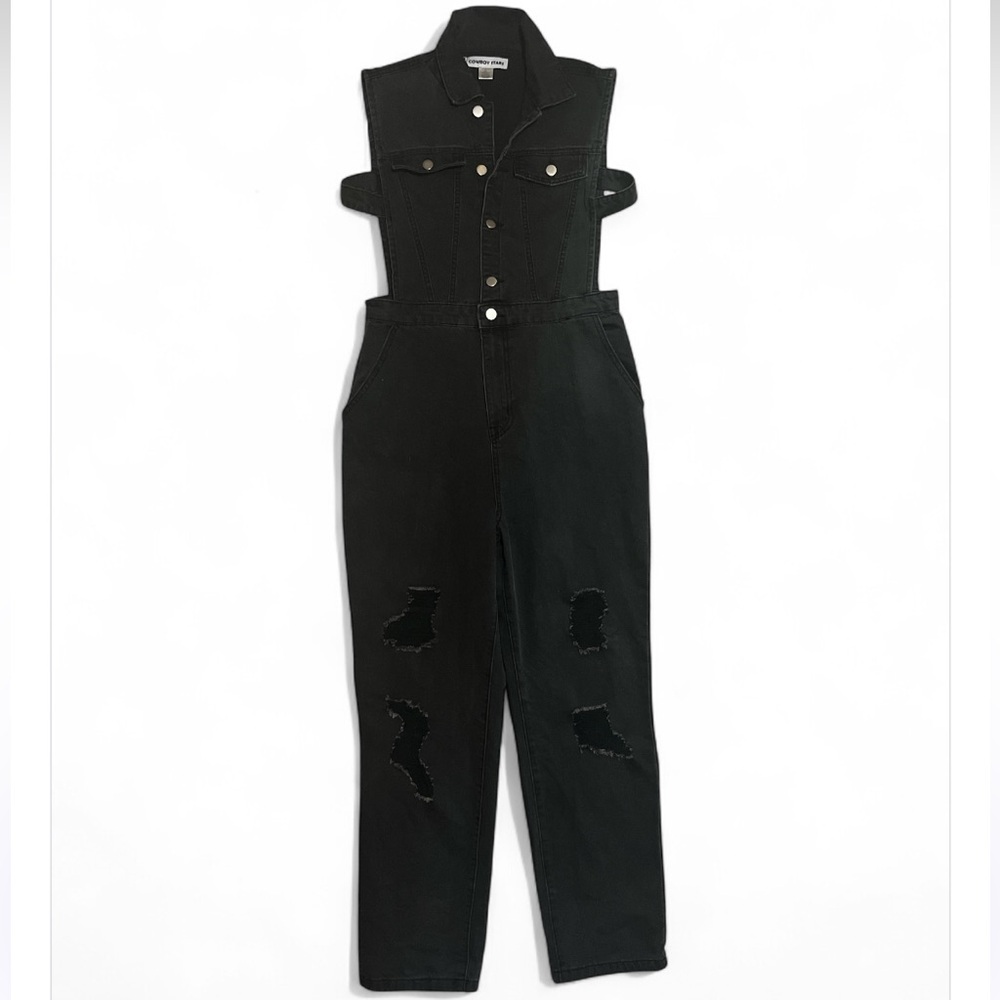 Cowboy Stars Black Denim Distressed Jumpsuit | cut out sides
